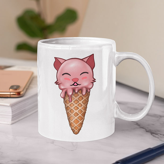 Une glace à la fraise avec un tête de chat kawaii